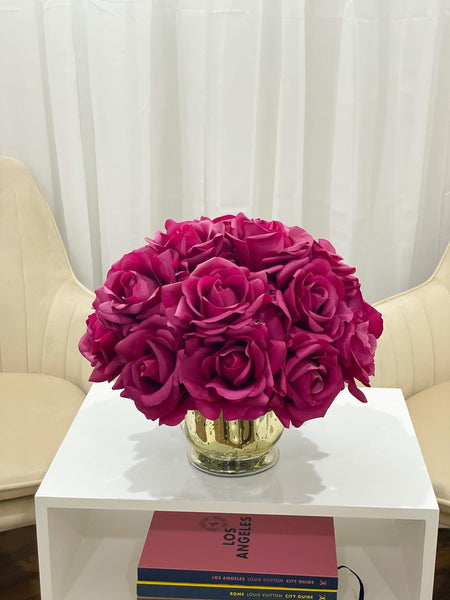 Real Touch Purple Roses in Elegant Gold Vase – Flovery