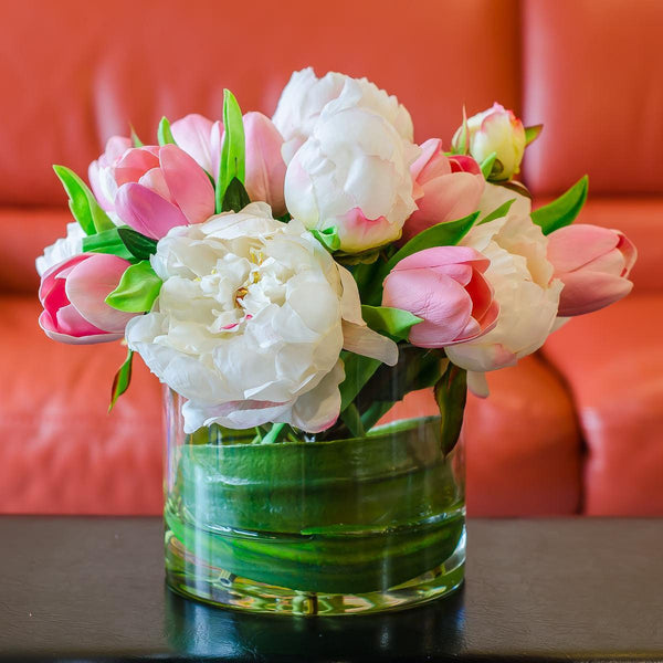 Silk White Peony & Real Touch Pink Tulip Arrangement – Flovery