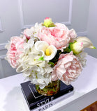 Pink Peonies Arrangement/Real Touch White Calla Lily Hydrangea Arrangement In Cylinder Glass Vase