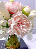 Pink Peonies Arrangement/Real Touch White Calla Lily Hydrangea Arrangement In Cylinder Glass Vase