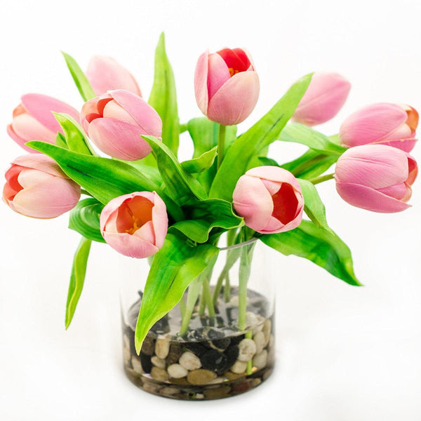 Real Touch Pink Tulip Arrangement Round Vase – Flovery