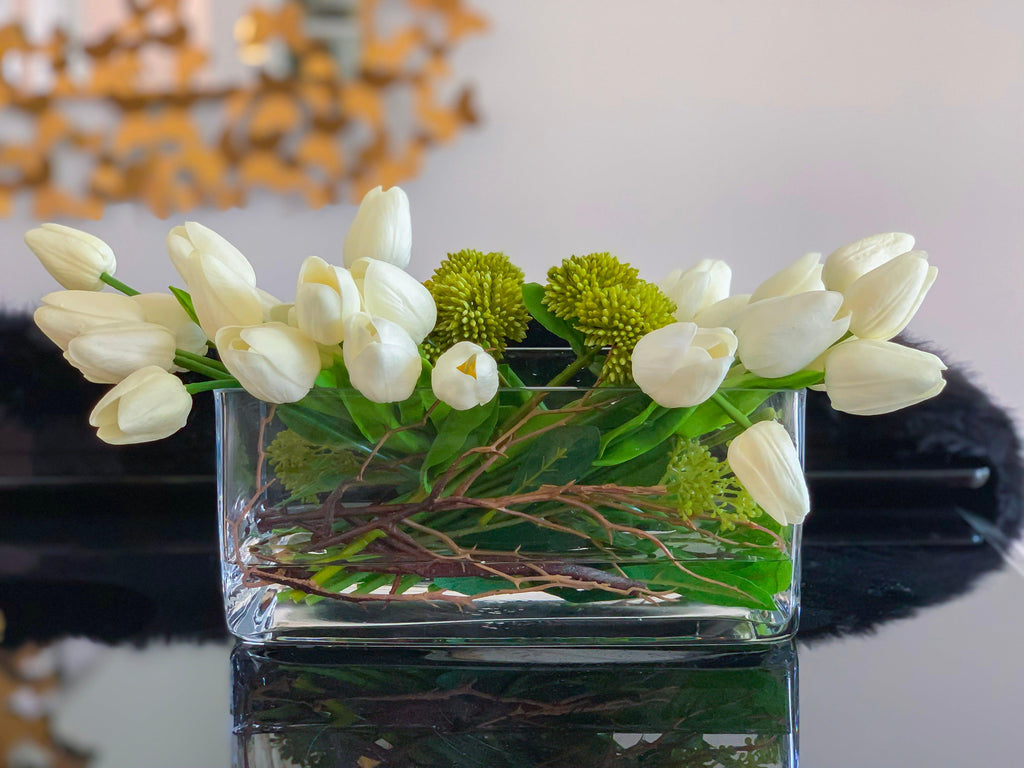 Real Touch White Tulips Wide Square Arrangement Flovery