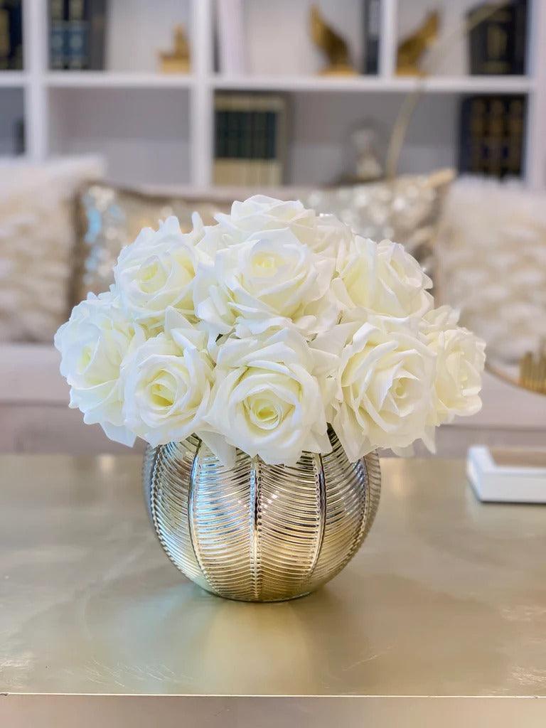 White Rose Centerpiece in Gold Vase – Flovery