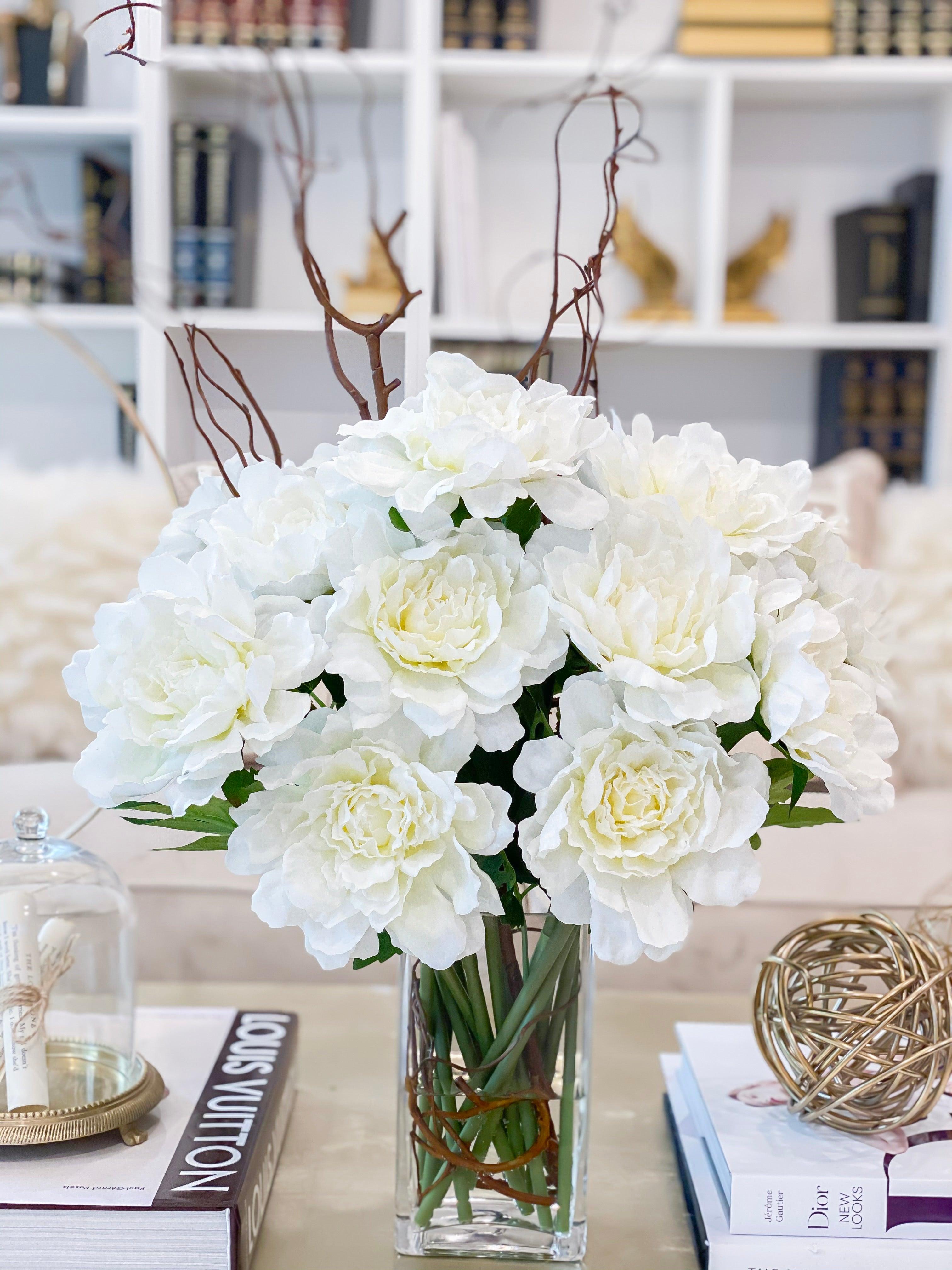 White Real-touch Peonies Arrangement Artificial Faux Table Centerpiece,  Wedding Faux Florals Flowers Arrangement in Glass Vase by Blue Paris