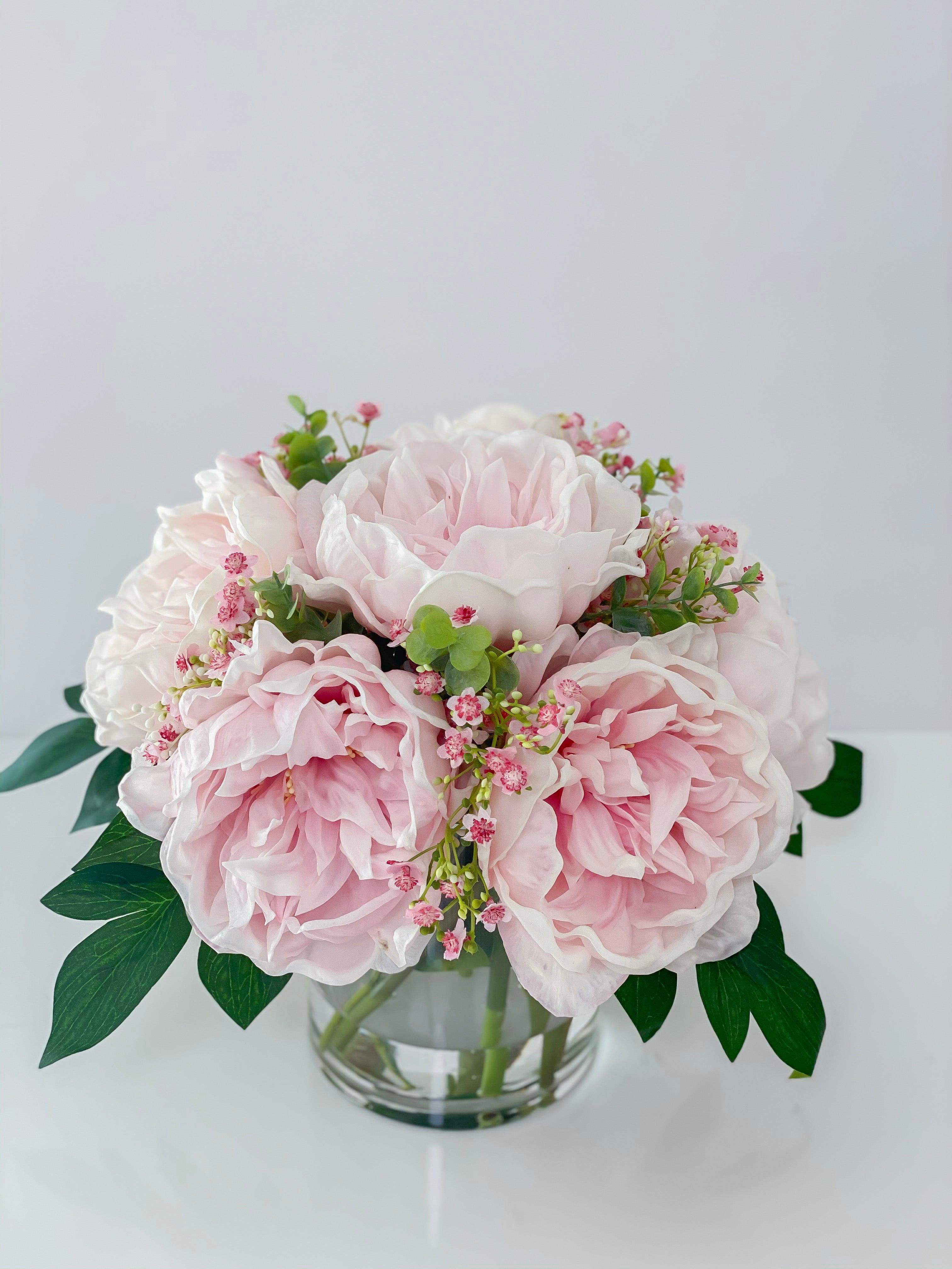 Real Touch Blush Pink Peonies Centerpiece with Pink Baby Breath – Flovery